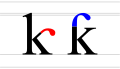 Formes du ‹ ƙ › incorrecte à gauche avec la crosse sur la diagonale, et correcte à droite avec la crosse sur la hampe.