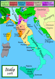 Герцогство Феррара (выделено светло-фиолетовым цветом) на карте Италии конца 15 века