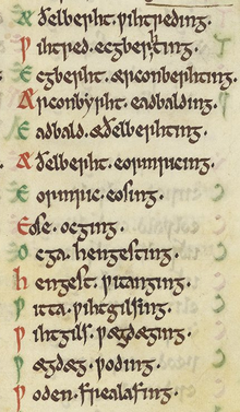 Page d'un manuscrit portant la liste des ancêtres d'Æthelberht II ; le texte est à l'encre noire, sauf les initiales de chaque ligne, qui alternent le rouge et le vert