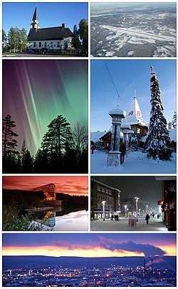 Clockwise from top: the Rovaniemi Church, the Rovaniemi Airport, the Santa Claus Village, downtown Rovaniemi, a view of the city from Ounasvaara, the Arktikum Science Museum, and aurora borealis in Someroharju.