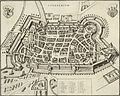Stadt Lüneburg im Jahre 1682, rechts die kastellartige Ruine der landesherrlichen Burg auf dem Lüneburger Kalkberg, geschleift bereits 1371 im Lüneburger Erbfolgekrieg von den Bürgern der Stadt