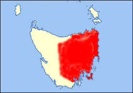 Pussiahman nykyinen levinneisyys Tasmaniassa