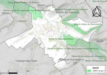 Carte des ZNIEFF de type 1 sur la commune.