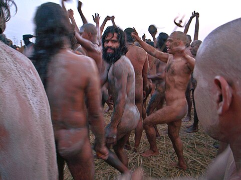’n Naga sadhu-groep hardloop na hul rituele bad, 2007 by Allahabad.
