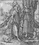 Abraham casts out Hagar label QS:Lde,"Abraham verstößt Hagar" label QS:Len,"Abraham casts out Hagar" label QS:Lpl,"Abraham wypędza Hagar" label QS:Lnl,"Abraham verstoot Hagar" 1516. engraving. 14.7 × 12.4 cm (5.7 × 4.8 in). Various collections.