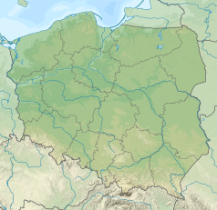 Mapa konturowa Polski, u góry znajduje się owalna plamka nieco zaostrzona i wystająca na lewo w swoim dolnym rogu z opisem „Ptasi Raj”