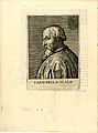 Ritratto di Can Grande II della Scala, busto, di profilo, rivolto a sinistra; indossa una veste foderata di pelliccia; stemma scaligero in alto a destra; illustrazione tratta dai "Ritratti di Cento Capitani Illustri" di Aliprando Caprioli (Roma, 1596)