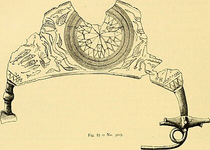 The earliest known depiction of the Trojan Horse,[29] on a bronze fibula (ca. 700 BC), note the wheels and the square openings on the horse's side