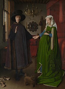 In the Arnolfini portrait by Jan van Eyck (1434), the rich green fabric of the dress showed the wealth and status of the family.