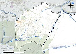 Carte en couleur présentant le réseau hydrographique de la commune