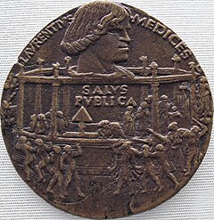 Bronze medal with a portrait of Lorenzo and a depiction of the assassination attempt in the Duomo