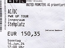 General admission ticket for a show for AC/DC's Power Up Tour in Dresden, Germany, on 16 June 2024. The promoter (United Promoters AG), artist (AC/DC), tour name (PWR UP TOUR), space type ("Inner space" in English), rooms ("Standing room" in English), price (€150.35), date and time of show ("Sunday, 16 June 2024, 5:00 pm") are shown.