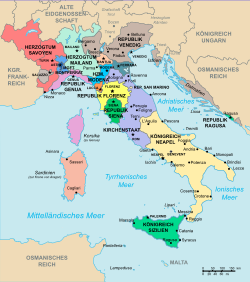 Italien im Jahr 1494. Zum Herrschaftsgebiet der Herzöge von Savoyen gehörten das Piemont und die westlich der Rhone gelegenen Gebiete Bresse, Bugey, Valromey und Gex
