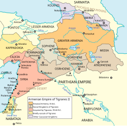 Map includes Osroene as a tributary kingdom of the Armenian Empire under Tigranes the Great