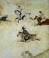 Une partie de polo. Peinture murale tombe de Zhang Huai, 705, encre et couleurs sur enduit. Qianling, Qian, Shaanxi, China, 85 km nord-ouest de Xi'an.