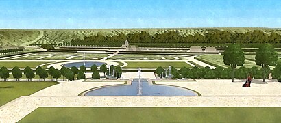 Restitution de la vue sur le vallon de Sèvres depuis les terrasses hautes des jardins du château de Saint-Cloud, vers 1700.