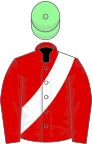 Red, white sash, pale green cap