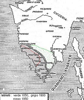 Istriotin puhuma-alue vuonna 1850 vihreällä, vuonna 1900 harmaalla ja vuonna 1950 punaisella.