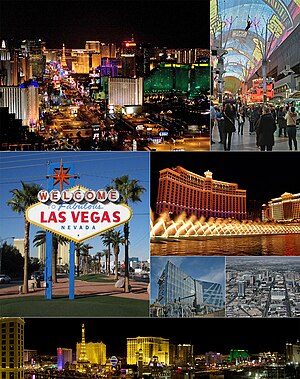 A montage of the city of Las Vegas; from top to bottom: Las Vegas, Vegas Vic, Binion's Horseshoe, Fremont Street Experience, and Plaza Hotel & Casino