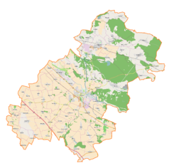 Mapa konturowa powiatu oławskiego, w centrum znajduje się punkt z opisem „Oława”