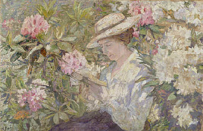 Femme lisant dans un massif de rhododendrons, (around 1900) 67 x 106 cm.