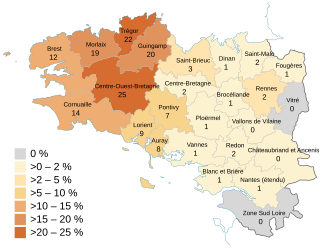 Map showing the percentage of Breton speakers in each country of Brittany, 2018