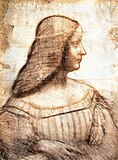 Isabel d'Este, Leonardo da Vinci, pedra negra, sang i difuminat, guix ocre, vers 1500.