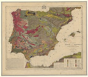 Mapa geologica de la pèninsula Ibèrica (1879, Bibliotèca nacionâla de France). (veré dèfenicion 8 652 × 7 585*)