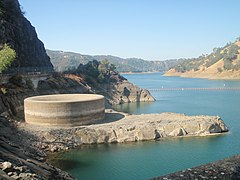 Bell-mouth spillway at Lake Berryess, the largest lake in Napa County, California.