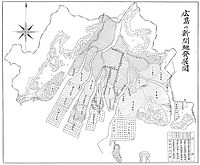 広島新開地発展図。右地図と合わせて参照。橋の両岸の開発時期がわかる。