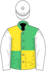 Emerald green and yellow (quartered), white sleeves and cap