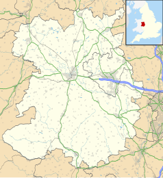 Mapa konturowa Shropshire, w centrum znajduje się punkt z opisem „Katedra MB Wpomożenia Wiernych i św. Piotra w Shrewsbury”