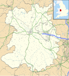 Mapa konturowa Shropshire, po prawej znajduje się punkt z opisem „Shifnal”