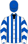 White and royal blue stripes, chevrons on sleeves, royal blue cap