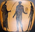 Un discobolo, un atleta e un giudice su un'anfora panatenaica del IV secolo a.C.