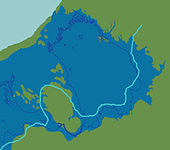 Llac Làdoga com a part del llac de gel del Bàltic (entre 11200 i 10500 anys BP). La línia blava clara marca el marge de la capa de gel per 13300 cal any BP.