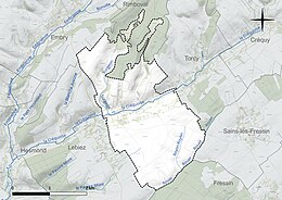 Carte en couleur présentant le réseau hydrographique de la commune