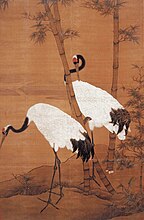 Bambous et grues, Bian Jingzhao, XVe siècle, dynastie Ming. Rouleau suspendu, encre et couleurs sur soie, H. 180 cm. Musée du palais impérial, Beijing