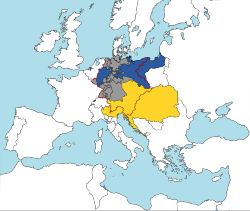 1820 yılında Alman Konfederasyonu. İki büyük güç - Avusturya İmparatorluğu (sarı) ve Prusya Krallığı (mavi) - tamamen konfederasyon sınırları içinde olmayan bölge (kırmızı)