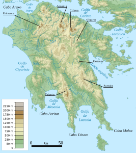 Mapa topográfico del Peloponeso, con algunos de sus principales accidentes geográficos.