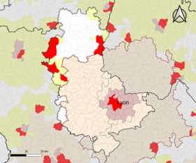 Localisation de l'aire d'attraction de Lyon dans la circonscription départementale du Rhône.