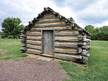 A reproduction hut made of logs at Valley Forge