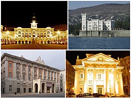 A collage of Trieste showing the Piazza Unità d'Italia (formerly known as Piazza Grande; top left), the Castello Miramare, the Teatro Giuseppe Verdi and the Trieste Stock Exchange