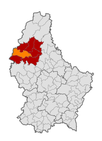 Map of Luxembourg with Lac de la Haute-Sûre highlighted in orange, and the canton in dark red