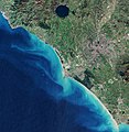 Satellite view with Ostia coast, Rome, Lago di Bracciano and Lago Albano,