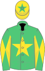 Emerald green, yellow star, diabolo on sleeves, yellow cap, green star