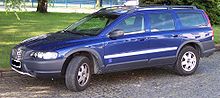 Drivers side view of blue V70 XC OR with silver door trim