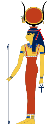 Eski Mısır kıyafetinde bir kadının profili. Sarı bir teni vardır ve başında bir çift inek boynuzu vardır, bunların arasında bir kobra tarafından çevrelenmiş kırmızı bir disk bulunur. Bir elinde çatallı bir asa, diğerinde bir ankh işareti tutuyor.