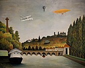Vista da ponte em Sevres e as colinas de Clamart, Saint-Cloud e Bellevue com biplano, balão e dirigível, 1908, Museu Pushkin de Belas Artes