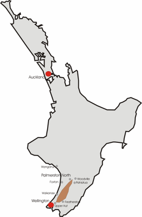 Carte de localisation des monts Tararua sur l'île du Nord.